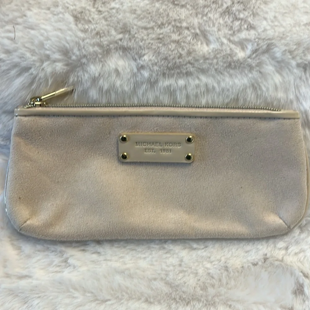 Michael Kors Beige Suede Pouch & Brown MK Signature Zip Wallet